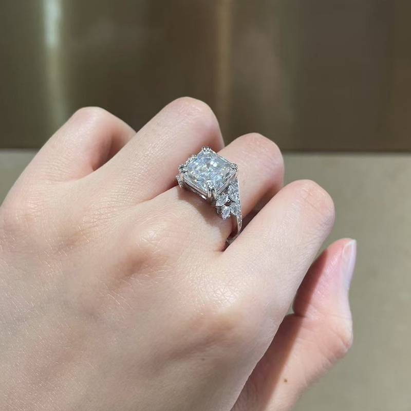 阿斯切割Women's RingS925银镀白金定制选款主石Moissanite5.0ct/副石高碳钻